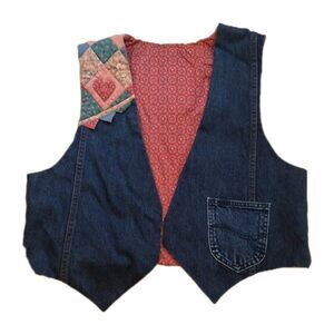 Vtg Handmade Denim Patchwork Quilt Vest Pocket Hearts Cottagecore Grannycore